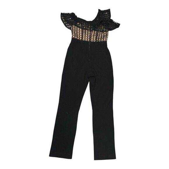 SELF PORTRAIT X REVOLVE black Lace Guipure Frill off the shoulder Jumpsuit sz 6 - Picture 4 of 11